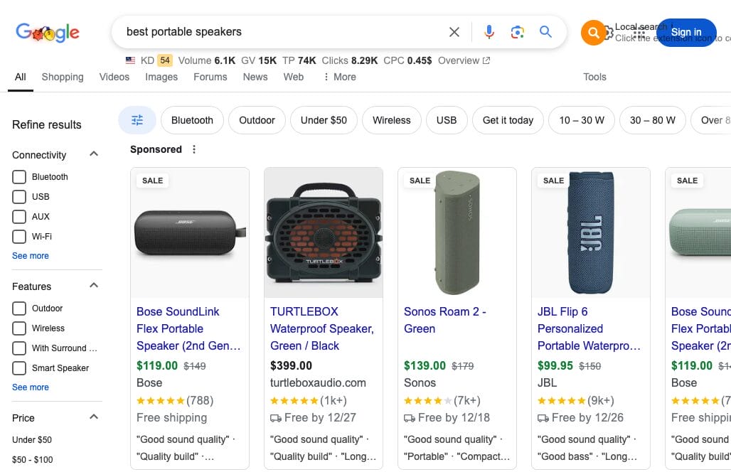 Screenshot of Google Search and Shopping Results for Best Portable Speaker